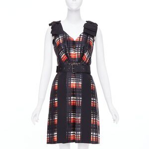 PRADA 2015 Runway Vampire black red wool silk bow shoulder belted dress IT38 XS